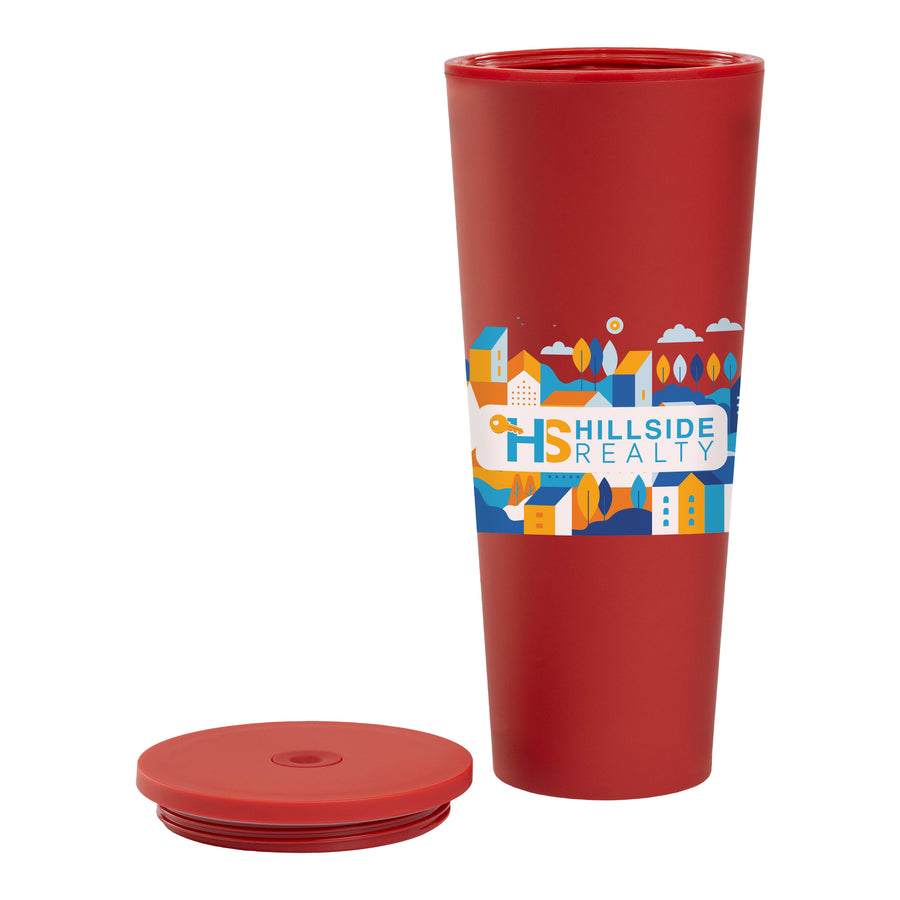 Spire - 24 oz Soft Touch Double Wall Recycled Plastic Tumbler w/ Straw - ColorJet
